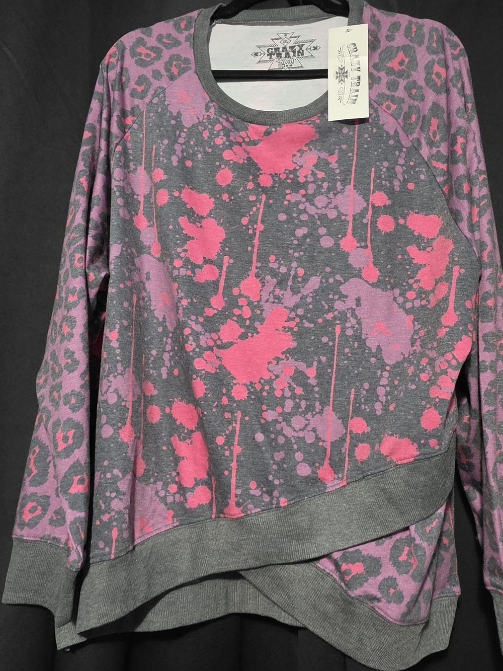 Cozy Gray Crewneck Sweater with Pink Splash and Lavender Leopard Accents